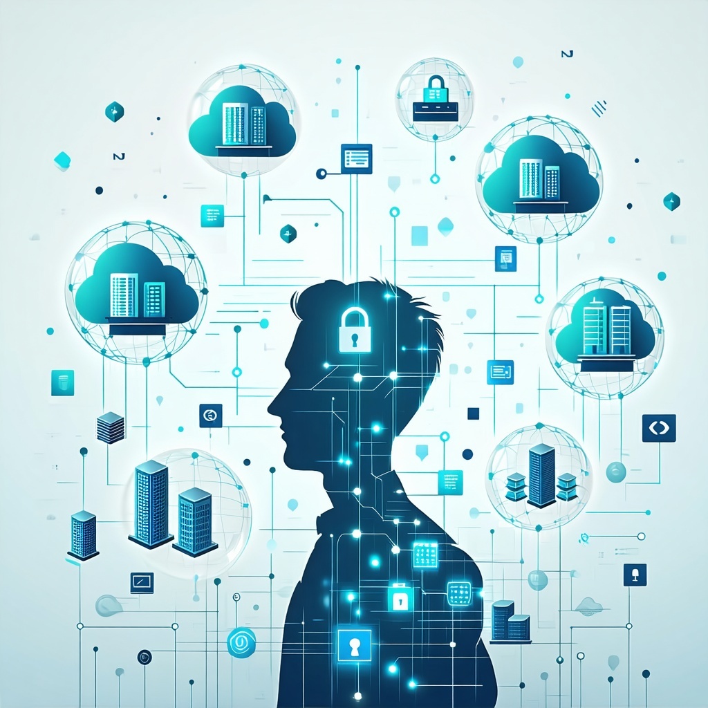 A minimal modern illustration in tech infographic style A central user abstract human icon is securely connected to multiple cloud apps and data centers each inside distinct glowing secure bubbles Connections are filtered through small security gatew