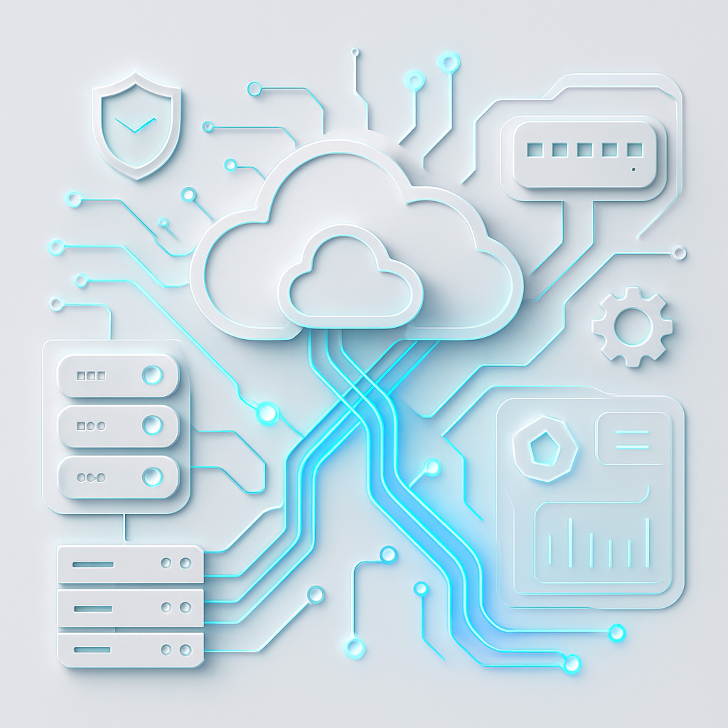 A pristine hightech illustration visualizing the concept of comanaged IT services The scene features a central interconnected web of IT infrastructure elements including stylized server racks abstract network switches and layered cloud forms Symboliz-2