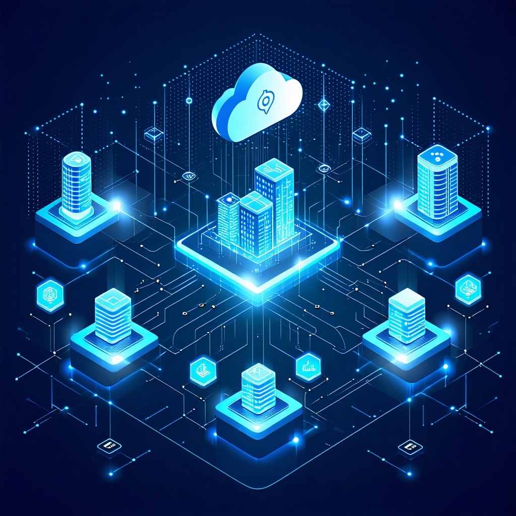 Create a clean modern digital illustration representing enterprise SDWAN architecture The scene should convey intelligent connectivity across branch offices cloud platforms and data centers Show abstracted network lines glowing nodes and seamless dat-1