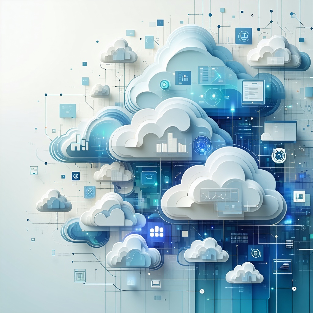 Design a pristine and contemporary illustration that encapsulates the concept of a hybrid cloud environment emphasizing a hightech aesthetic The artwork should showcase abstract forms of cloud computing characterized by stylized cloud shapes interlin