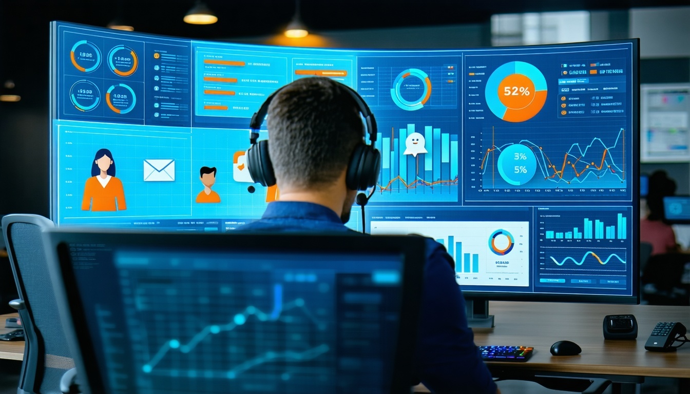 A contact center agent viewing an omnichannel dashboard with integrated voice chat email and social media showing a unified customer profile seamless digital experience vibrant and connected communication channels