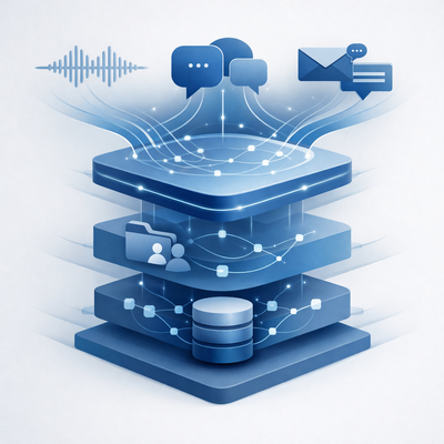 Omnichannel contact center architecture with voice, chat, and messaging flows integrated through orchestration, CRM, and backend systems